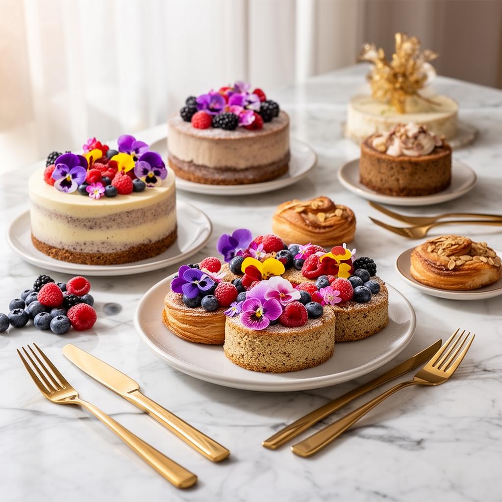 Pastelería saludable premium con frutas y flores comestibles
